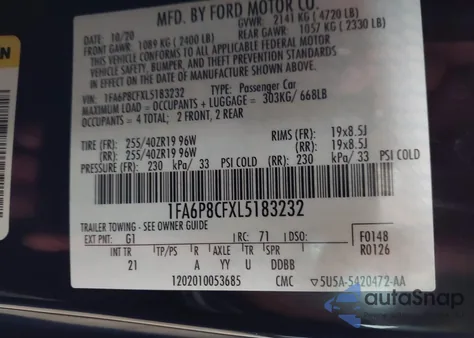 2020 Ford Mustang Gt Fastback from USA, damaged, VIN 1FA6P8CFXL5183232